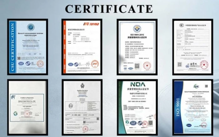 J W Auto Parts certifications including ISO9001, IATF16949, SGS testing, RoHS, and REACH