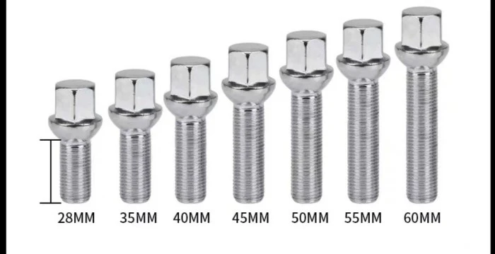 M12x1.5 Ball-seat wheel bolts; comparison of wheel bolts of different lengths.