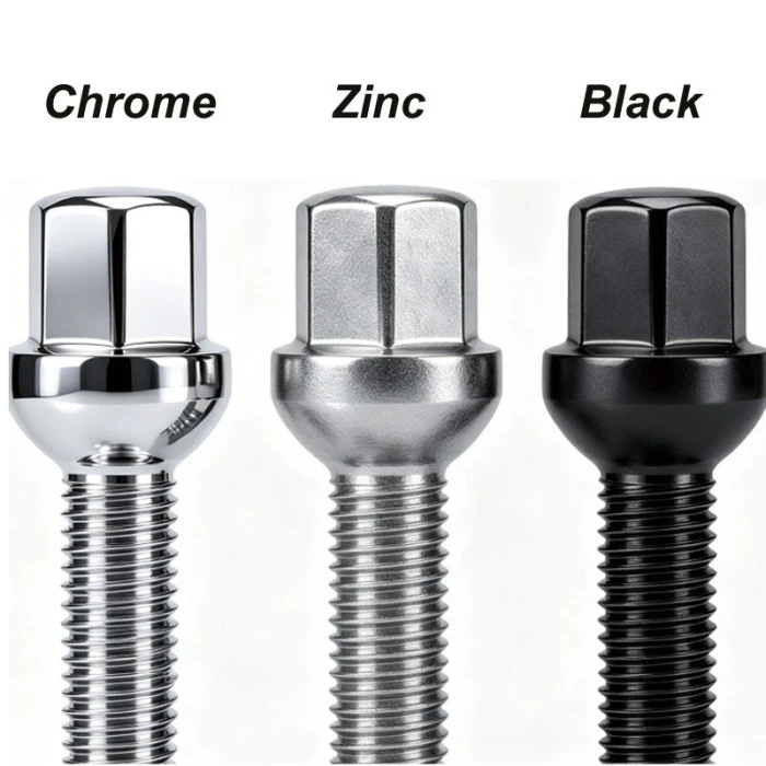 Renderings of Chrome, Zinc, and Black M12x1.5 Ball Seat Wheel Lug Bolts surface finishes.