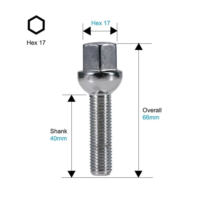 Dimensional measurement diagram for M12x1.5 anti-theft wheel bolt with ball seat