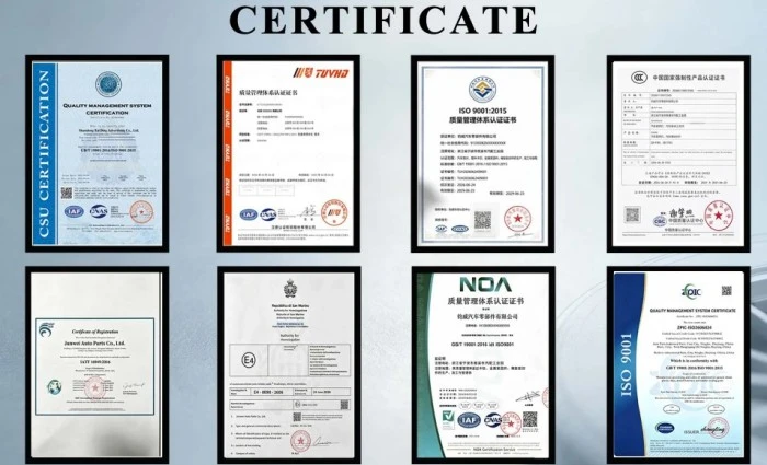 J W Auto Parts certifications including ISO9001, IATF16949, SGS testing, RoHS, and REACH